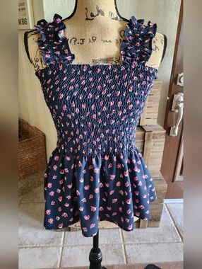 Womens Navy Blue Smocked Floral Top